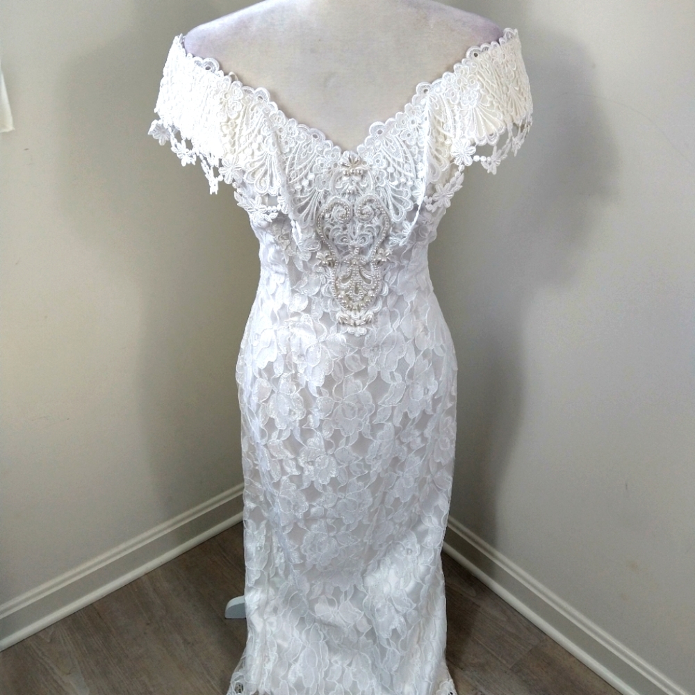 Vintage Scott McClintock white ivory lace off the shoulder pearl dress sz 6
